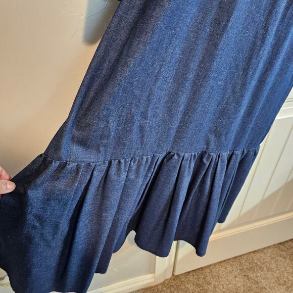 Vintage Denim Dress Womens Large Blue Embroidered Colorful Pleated Ruffles Boho - Picture 3 of 12